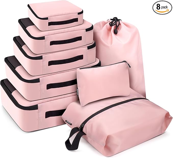 SDGFUI 8 PCS Compression Packing Cubes for Travel Women, Compression Bags Organizer for Luggage Space Saving Travel Essentials and Carry on, Luggage Organizer Bags for Suitcase - Pink