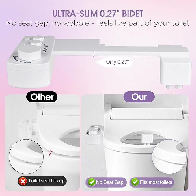 Jamini Ultra-Slim Detachable Bidet Attachment for Toilet – Non-Electric Cold Water, Self-Retraction Dual Nozzles, Step-less Pressure Dial, Dedicated Cleaning Mode, CA65 Certified