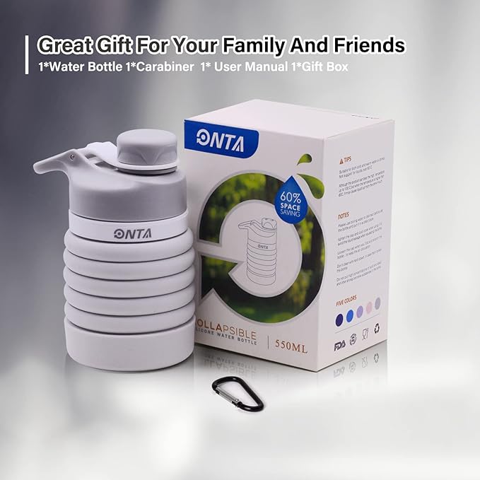 ONTA Collapsible BPA Free Silicone Water Bottle, 20oz - Portable, Leakproof, Easy Clean, Shatter Resistant, Travel Friendly