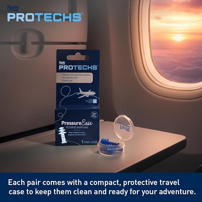 Flents PressureEase Earplugs Designed for Flying, Airplane Pressure Ear Plugs for Ear Pain Relief, 26dB NRR, Soft Comfort Flange, Travel Essential for Takeoff & Landing, 1 Pair + Case, Blue