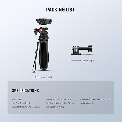 NEEWER TP38 Phone Camera Tripod Selfie Stick with Cell Phone Holder Action Camera Mount Adapter Compatible with iPhone GoPro, Mini Travel Tripod Stand with Cleaning Cloth for Vlogging Video Recording