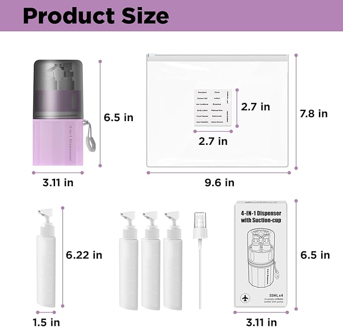 4 in 1 Travel Toiletry Containers,TSA Approved Refillable Travel Size Toiletries Bottles Set with Suction Cup for Smooth Walls - for Shampoo,Conditioner,Body Wash,Lotion.(Pink)