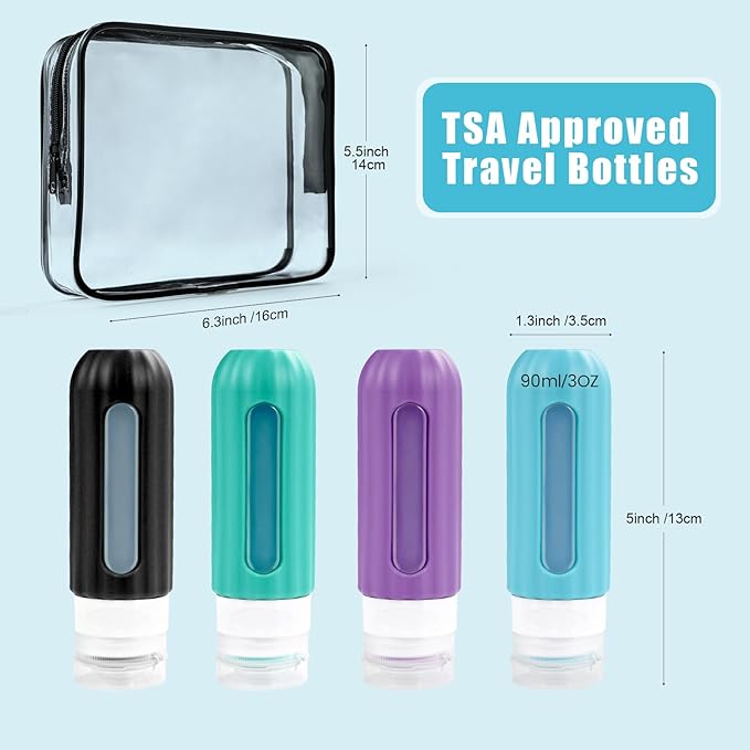 Reusable Silicone Travel Bottles for Toiletries TSA Approved, Leak Proof Travel Size Bottles Refillable Travel Containers for Shampoo Conditioner Mini Bottles 3 oz