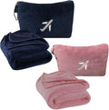 BlueHills Premium Soft Mini Plush Travel Blanket Value Pack Set of 2 - Airplane Travel Essential Flight Blanket Throw in a case with Strap Compact for Car Plane Travel Gift – Navy Blue and Pink.