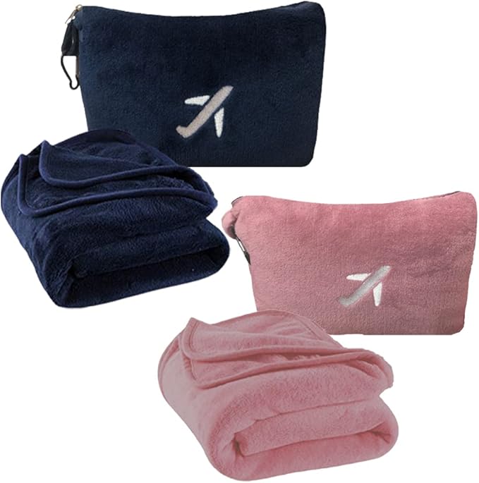 BlueHills Premium Soft Mini Plush Travel Blanket Value Pack Set of 2 - Airplane Travel Essential Flight Blanket Throw in a case with Strap Compact for Car Plane Travel Gift – Navy Blue and Pink.