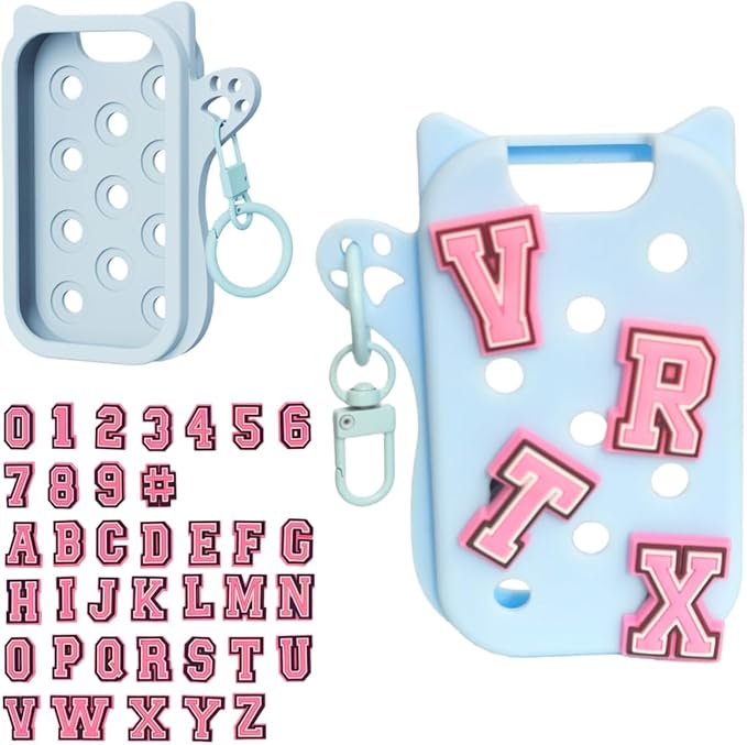 Hand Sanitizer Case with 36 Charms for Touchland, Compatible with Power Mist 1 FL Oz/30ML, Croc-Style Touchland Holder (Blue Case Alphabet Charms)
