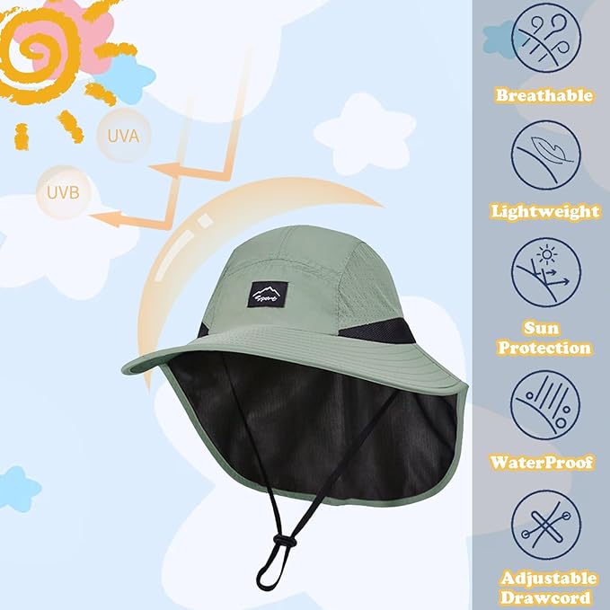 Outdoor Kids Sun Hat with Neck Flap UPF 50+ Quick Dry Beach Hats for Baby Boys Girls Age 2-12 Years Adjustable