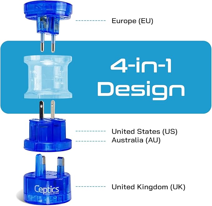 Ceptics Travel Adapter Plug Compact Worldwide International Kit - Works in Europe, Asia, China, England, Italy, New Zealand, Australia and More