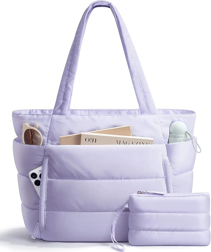Bagstellar Puffer Tote Bag for Women, Lightweight Puffy Work Handbag Teacher Nurse Quilted Shoulder Bag for School Travel Gym | Cloud Bag w/ Zipper, Daily College Bags, 15.6" Computer Bag, Clinical Nursing Bag, 40 OZ Tumbler Holder, Ideal Gift for Women