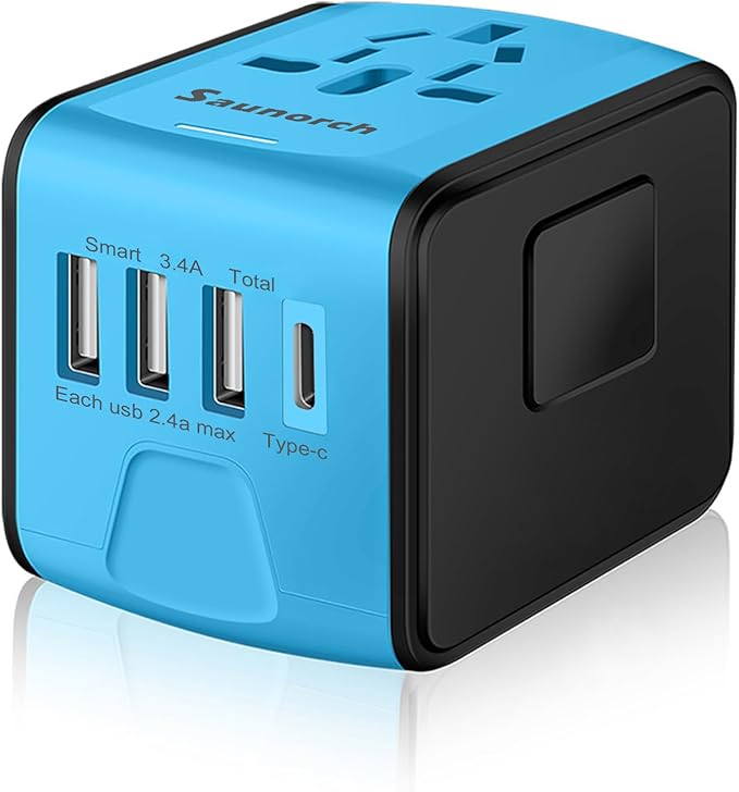 SAUNORCH Travel Adapter Worldwide, Universal International Power Plug Adapter W/2.4A 3xUSB-A and 3.0A Type-C Wall Charger, European Travel Plug Adapter for Europe UK EU US CA AU Italy Asia-Blue
