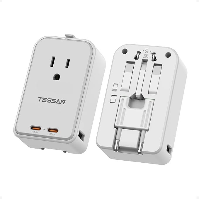 TESSAN Universal Travel Adapter PD 45W, Ultra Thin International Power Adapter Fast Charger, Worldwide Plug Adaptor with 2 USB C 2 USB A to European UK Italy Spain New Zealand (Type C G A I), 1 Pack