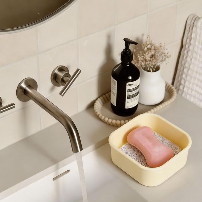 Square Travel Soap Case, Bar Soap Holder for Dr Squatch, Silicone Soap Case with Soap Saver, Portable Shampoo Bar Soap Box for Shower, Travel, Camp (Cream Yellow)