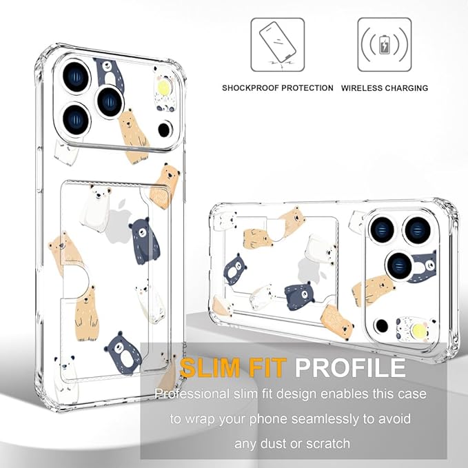Compatible with iPhone 17 Pro Max Case Card Holder for Women Cute Design,Wallet Phone Cases Transparent Cool Kawaii Protective (Clear Lovely Bears Funny)