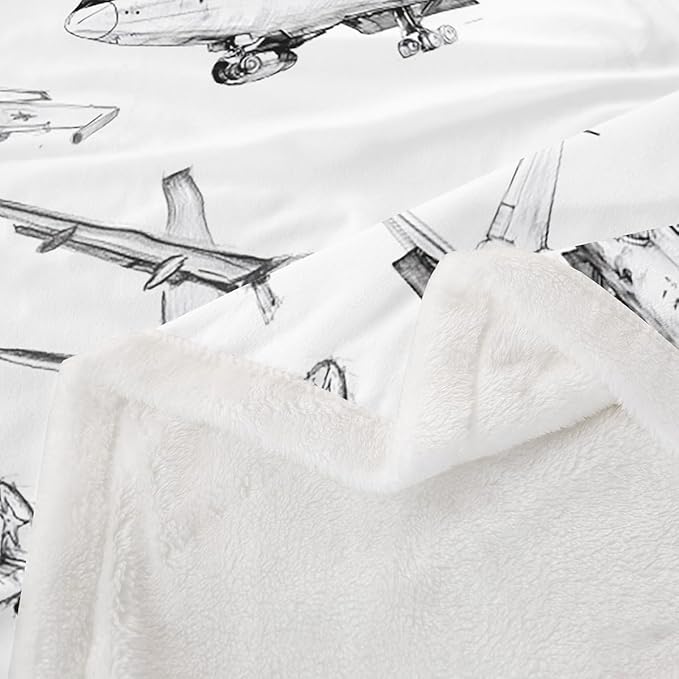 Airplane Kids Throw Blanket,American Aircraft Vintage Toddler Bed Blanket for Girls Boys Adults,Air Vehicles Air Plane Fleece Blanket,Black White Fuzzy Blanket,40 x 50 Inches