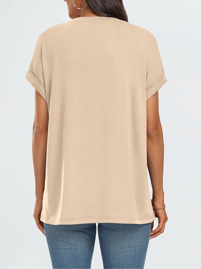 AUTOMET Women's Oversized Short Sleeve T Shirts Casual Drop Shoulder Rolled Cuff Summer Tops for Work, Travel and Lounge