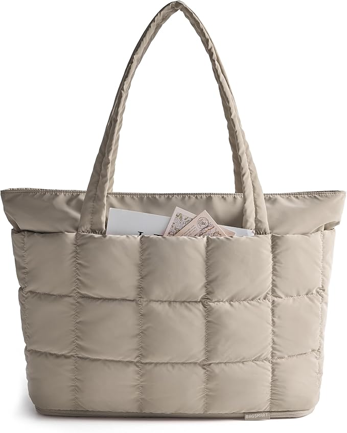 BAGSMART Expandable Tote Bag for Women, Puffer Work Tote Handbag, Quilted Carry On Bag for Travel Gym