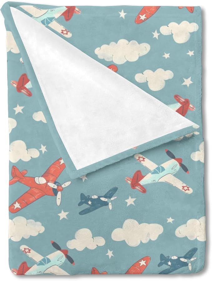 Unisex Cartoon Plane Aircraft Clouds Stars Baby Nursery Throw Gift Blanket for Boys Girls, Plane Transportation Pattern Swaddle Receiving Bed Blanket for Newborn Toddlers Kids-30x40