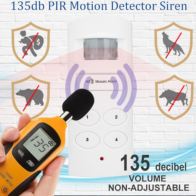 Loud 135db Keypad Motion Sensor Alarm Siren for Garage, Shed. Portable Cordless Battery Operated Travel PIR Motion Detector Alert. Freestanding Indoor Infrared Home Security Intruder Burglar Alarm