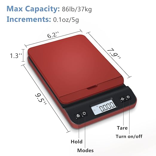 QP Shipping Scale, 86lb/0.1oz Digital Scale for Packages, Postal Scale with Hold/Tare Function, Back-lit LCD Display, Flip-up Holder, Shipping Scale for Small Business, Battery & Tape Measure Included
