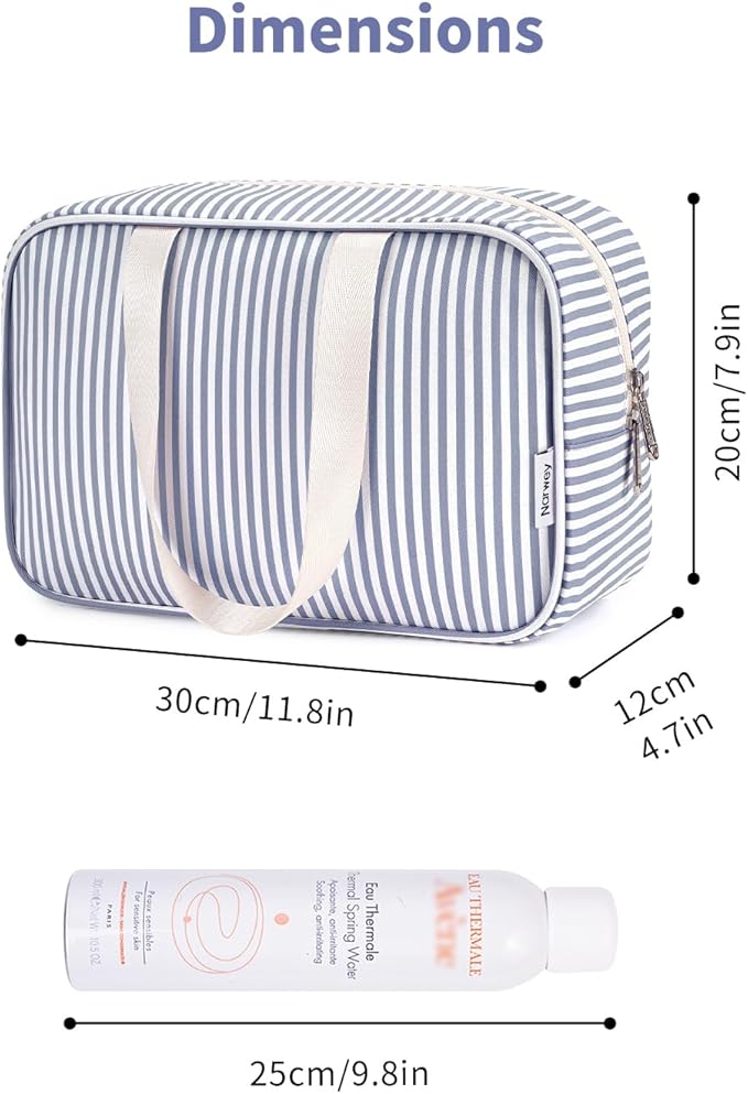 Full Size Toiletry Bag Women Large Cosmetic Bag Travel Makeup Bag Organizer Medicine Bag for Toiletries Essentials Accessories (Greyish Blue Stripe, Large)