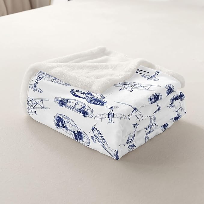 Airplane Kids Throw Blanket,American Aircraft Tank Toddler Bed Blanket for Girls Boys Adults,Racing Car Hand-Painted Sketch Fleece Blanket,Blue White Fuzzy Blanket,Queen Size (90 x 90 Inches)