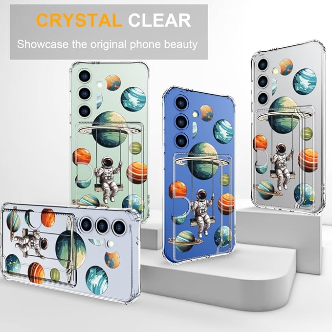 Compatible with Samsung Galaxy S24+ Plus / S25+ Plus Case Card Holder for Women Cute Design,Wallet Phone Cases Transparent Cool Kawaii Protective (Clear Astronaut Space Planets)