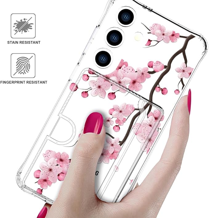 Compatible with Samsung Galaxy S24 / S25 Case Card Holder for Women Cute Design,Wallet Phone Cases Transparent Cool Kawaii Protective (Clear Sakura Peach Cherry)