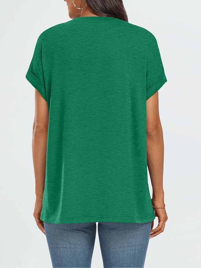 AUTOMET Women's Oversized Short Sleeve T Shirts Casual Drop Shoulder Rolled Cuff Summer Tops for Work, Travel and Lounge