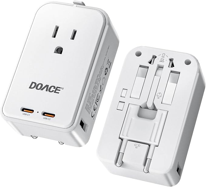 DOACE Pico Travel Adapter, 5-Port Universal Power Adapter 1 AC, 2 USB A and 2 USB C, PD 20W International Plug Adaptor Worldwide for US to European UK Italy Spain New Zealand Over 200 Countries