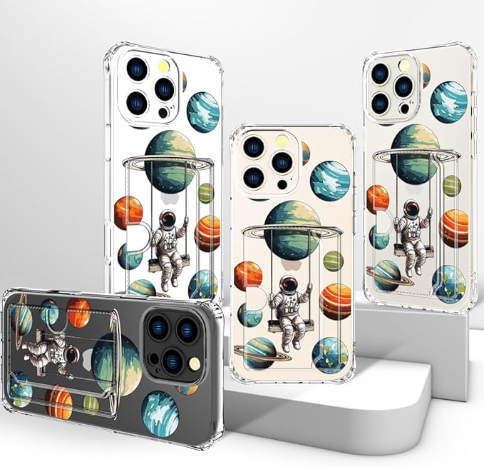Compatible with iPhone 16 Pro Case Card Holder for Women Cute Design,Wallet Phone Cases Transparent Cool Kawaii Protective (Clear Astronaut Space Planets)