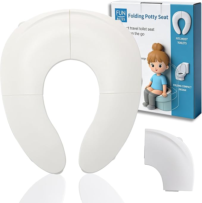 Funbliss Foldable Travel Potty Seat for Toddlers,Potty Training Toilet for Toddlers with Safety Suction Cups, Includes Storage Bag,Essential for On-the-Go Potty Training,White