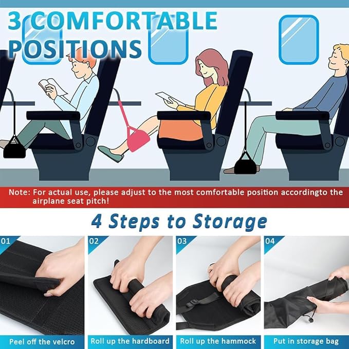 Airplane Foot Rest Hammock, Adjustable Travel Footrest with Storage Bag, Portable Under Desk Leg Support, Adjustable Leg Support for Long Flights