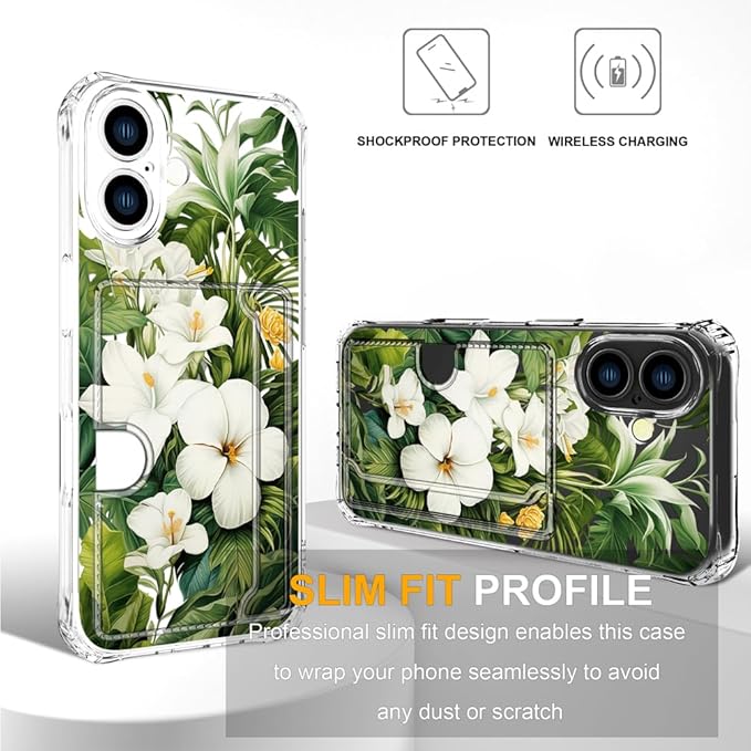 Compatible with iPhone 16 Plus Case Card Holder for Women Cute Design,Wallet Phone Cases Transparent Cool Kawaii Protective (Clear Green Flowers Tropical Jungle)