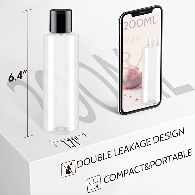 ZEJIA Clear 200ML/6.8OZ Travel Size Toiletries, 6 Pack Plastic Travel Bottles, Double Leak Proof Travel Size Containers for Shampoo, Lotion, Body Wash, Refillable Empty Travel Bottles with 6pcs Labels