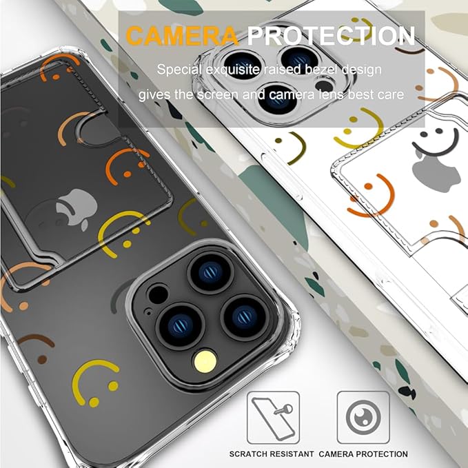Compatible with iPhone 16 Pro Case Card Holder for Women Cute Design,Wallet Phone Cases Transparent Cool Kawaii Protective (Clear Smiley Face)