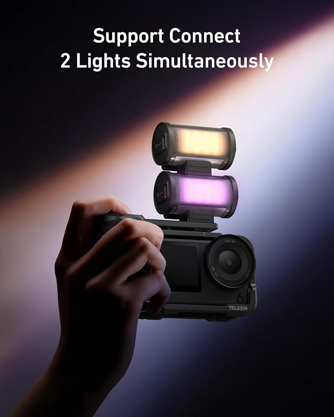 TELESIN Aluminum Alloy Grip Kit for DJI Action 6 with Metal Protective Cage & Magnetic RGB Video Light, Portable LED Camera Light with Diffuser, CRI 95+, Cold Shoe Mount