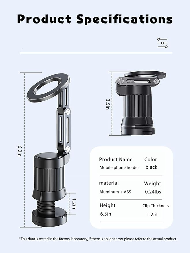 Airplane phone holder,Aluminum phone stand ,Travel Essentials Phone Holder for Magnetic,1080°Degree Rotation,Clamping device for free hands，vacuum magnetic phone stand,Accessories Compatible with All