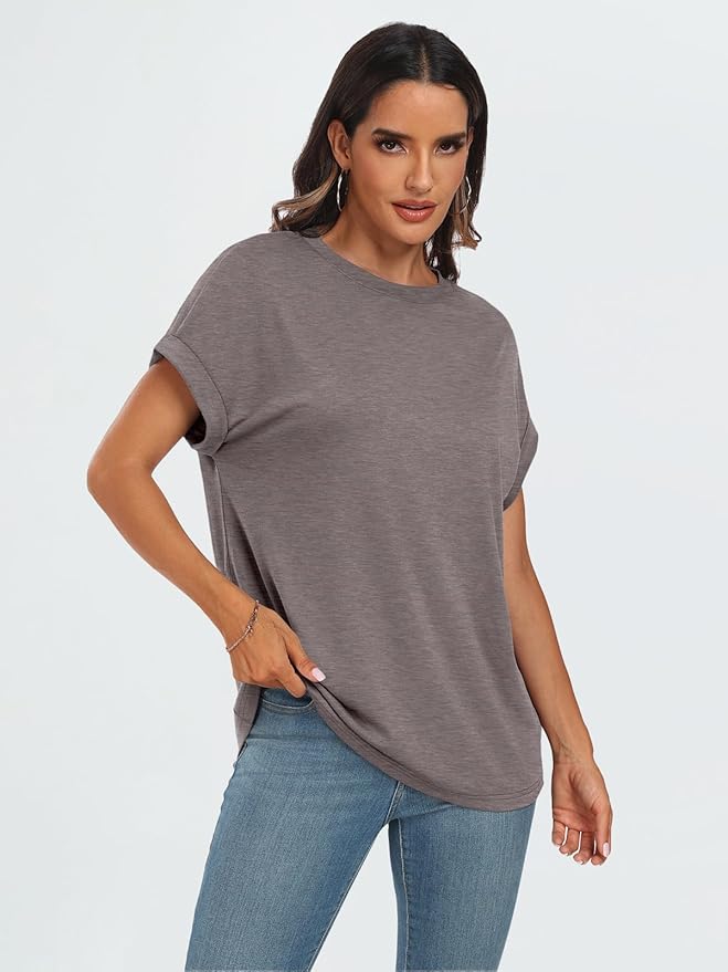 AUTOMET Women's Oversized Short Sleeve T Shirts Casual Drop Shoulder Rolled Cuff Summer Tops for Work, Travel and Lounge