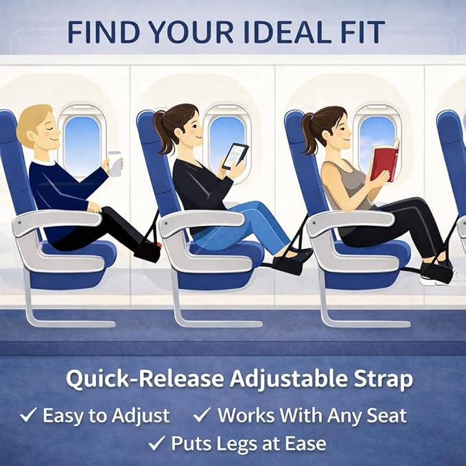 Airplane Foot Rest Hammock – Travel Footrest for Airplane with Memory Foam, Adjustable Foot Sling for Long Flights, Portable Carry Bag, Eye Mask & Earplugs – Flight Accessories Must Have