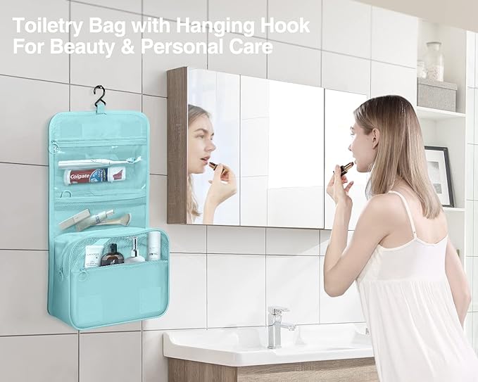 Luxtude Small Hanging Toiletry Bag for Women, Water-resistant Travel Toiletry Bag with Hanging Hook, Portable Toiletry Travel Organizer Bag for Toiletries, Shower, Bathroom, Cosmetics etc.(Blue)