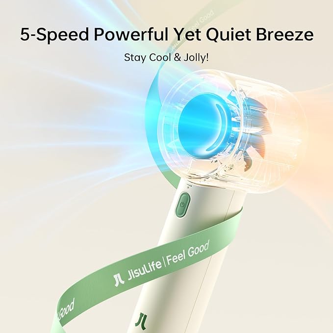 JISULIFE Handheld Turbo Fan, 4000mAh Rechargeable Portable Fan with Neck Strap, Stickers, Christmas Stockings, Ideal for Travel, Camping. Gifts for Women, Men, Kids (Beige)