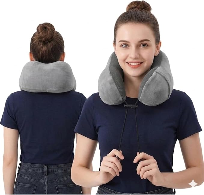 Airplane Travel Neck Pillow, 100% Memory Foam Ergonomic Neck Support, Airplanes Neck Pillow with Washable Cover Travel Essential for Flight, Office includes Eye Masks, Earplugs & Carry Bag (Dark Gray)