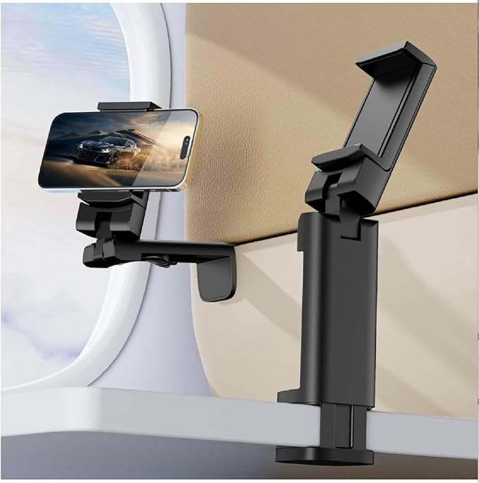 Airplane Phone Holder, Dual 360° Rotation Plane Phone Holder Travel Essentials for Long Flight, Desk, Tray, Compact Cell Phone Mount w/ Durable Automatic Spring Clamp, Phone Gadget for Long Trip, Gym