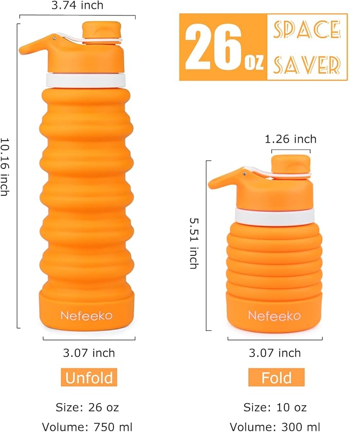 Nefeeko Collapsible Water Bottle, 26oz Silicone Foldable Water Bottles Leakproof BPA Free Travel Water Bottles with Carabiner, Portable Sport Water Bottles for Camping,Hiking Outdoor Indoor Sport