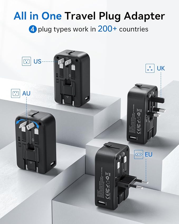 DOACE Pico Travel Adapter, 5-Port Universal Power Adapter 1 AC, 2 USB C and 2 USB-A, International Plug Adaptor Worldwide with PD 20W for US to European UK Italy Spain New Zealand Over 200 Countries