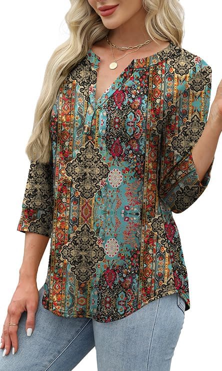 OFEEFAN Womens Tops 3/4 Sleeve Henley Shirts for Women Summer Outfits Fashion Clothing