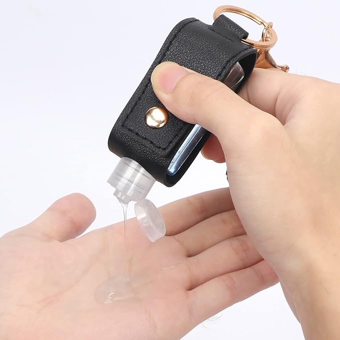 Unaone 1oz/30ml Hand Sanitizer Holder Travel Size, Empty Bottles Leather Sanitizer Holder with Keychain Portable Small Squeeze Bottle Refillable Container for Toiletry Lotion Liquid Soap Shampoo Black