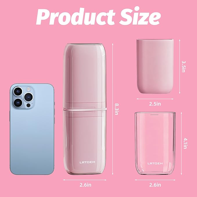 Toothbrush Cup Travel Case, Portable Toothbrush Travel Container Separates into 4 Cups, Tooth Brush Holders with Cover, Toothpaste Storage for Camping, Business Trip, School (Pink)