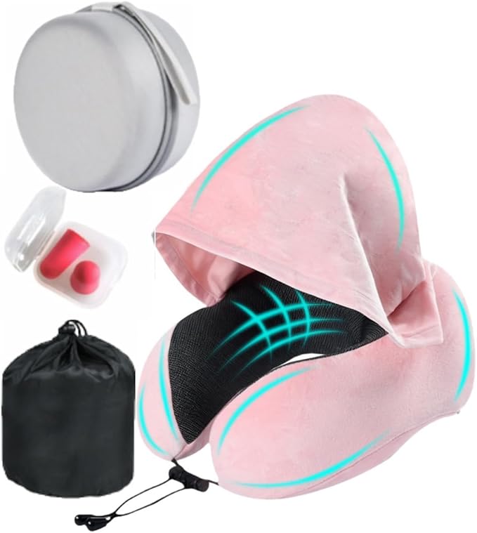 Travel Neck Pillow with Extra Large Hood Rollable Airplane Hooded Neck Pillow with Memory Foam Filling and Removable, Skin-Friendly Cover with a Carrying Case & Pouch (Velvet)