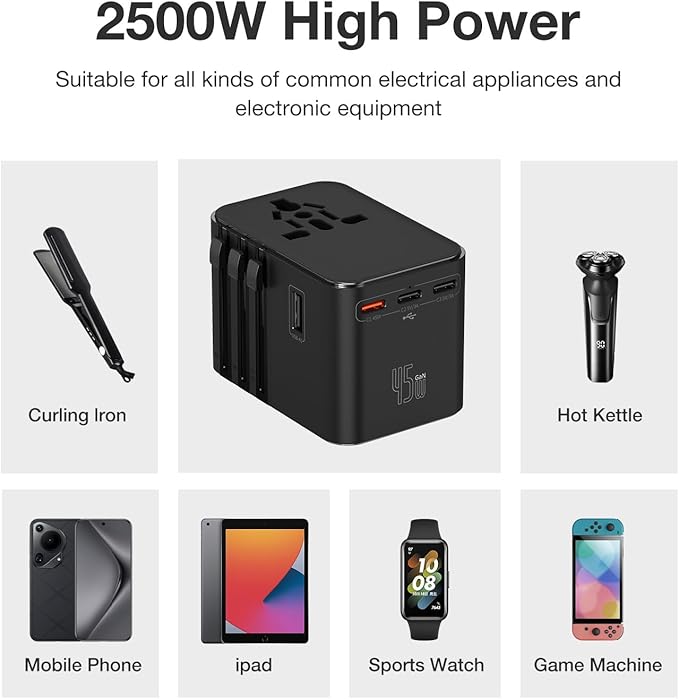 45W Universal Travel Adapter – Compact Plug with 3 USB-C & 2 USB-A Ports for EU/UK/US/AU, International Power Adapter Worldwide Charger, CE/FCC/RoHS Certified (313-Pink)